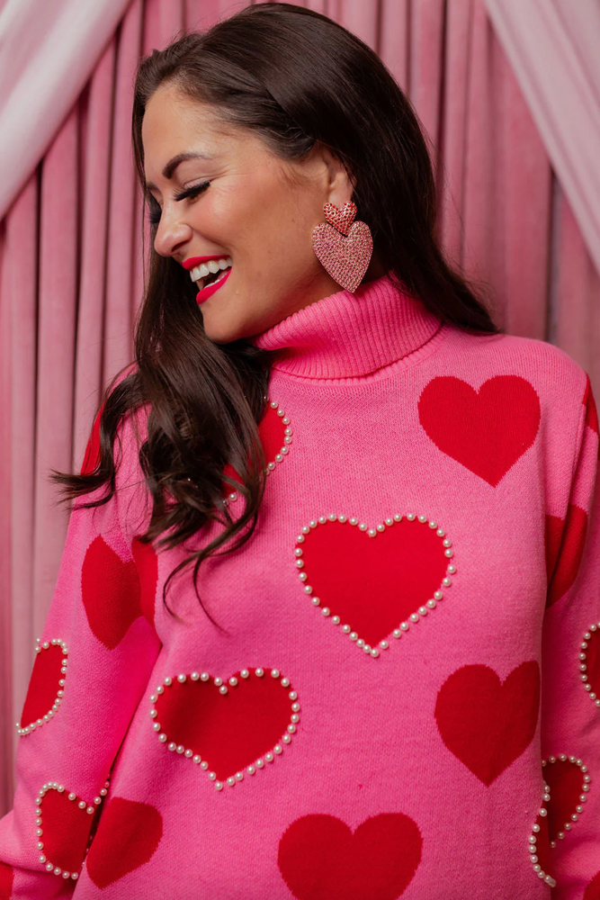 Pink Sweater Tunic with Red Hearts and Pearls