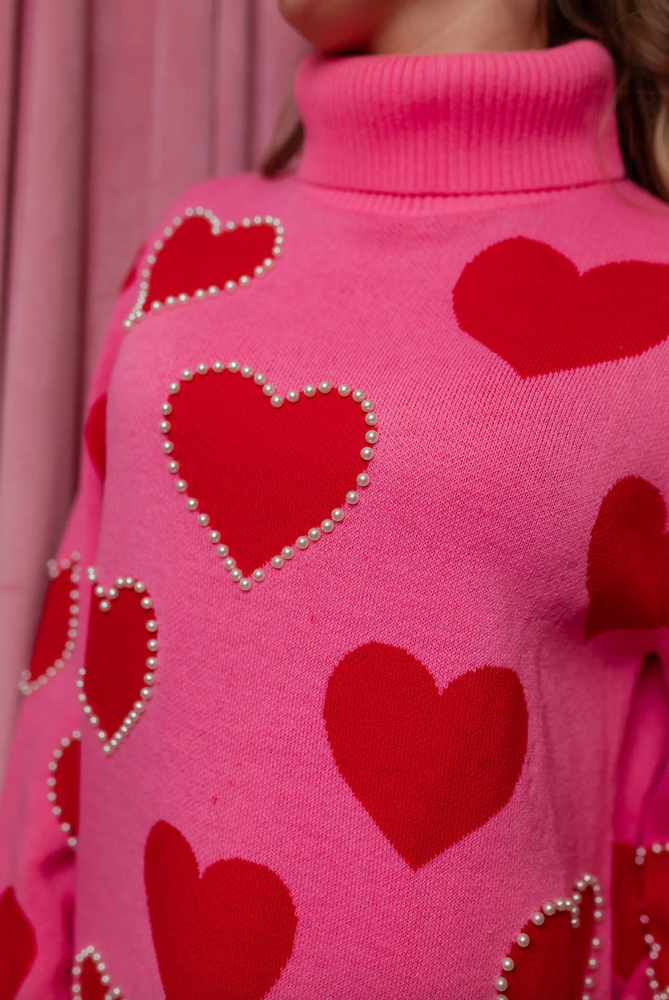 Pink Sweater Tunic with Red Hearts and Pearls