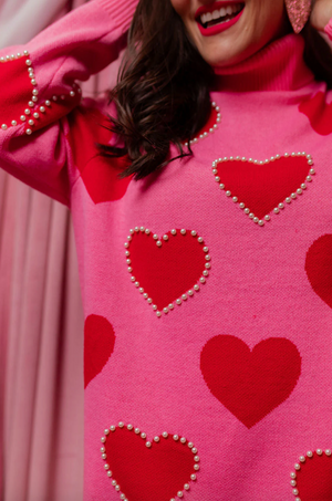 Pink Sweater Tunic with Red Hearts and Pearls