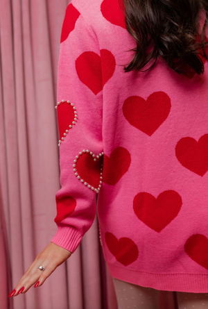 Pink Sweater Tunic with Red Hearts and Pearls