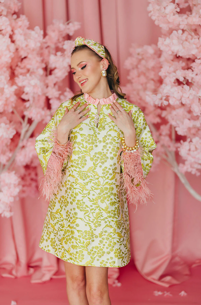 BC Caftan - Chartreuse and Blush with Feathers