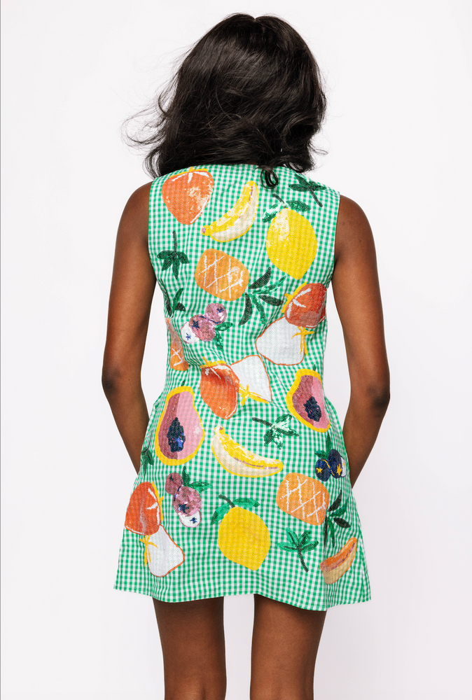 Green Gingham Fruit Button Up Tank Dress