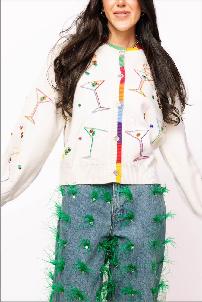 White Multi Cosmo & Martini Button Up Cardigan with Rainbow Trim