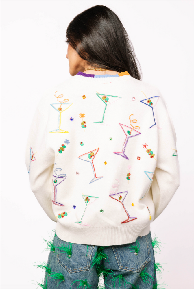 White Multi Cosmo & Martini Button Up Cardigan with Rainbow Trim