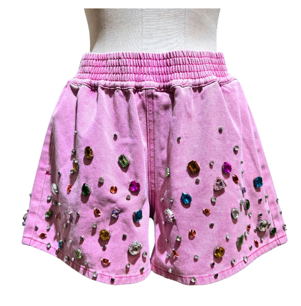 Pink Denim Shorts with Rainbow Crystals