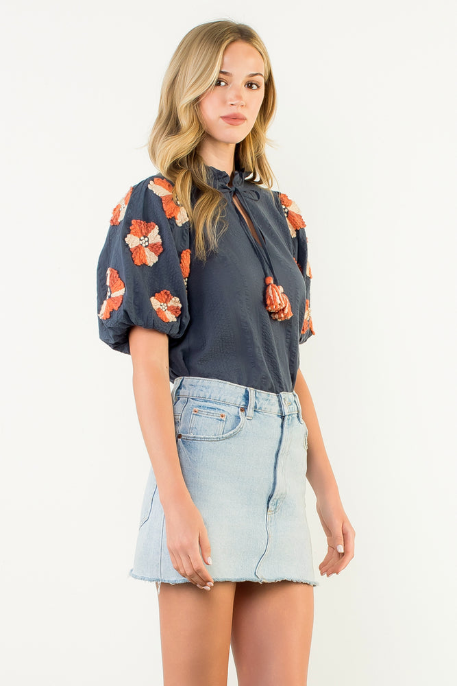 Puff Sleeve Tassel Tie Top