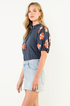 Puff Sleeve Tassel Tie Top