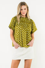 Puff Sleeve Print Top - Green