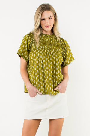 Puff Sleeve Print Top - Green