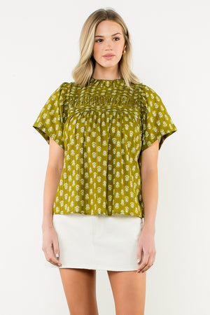 Puff Sleeve Print Top - Green