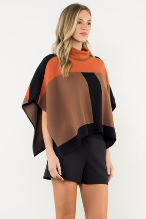 Colorblock Poncho - Brown