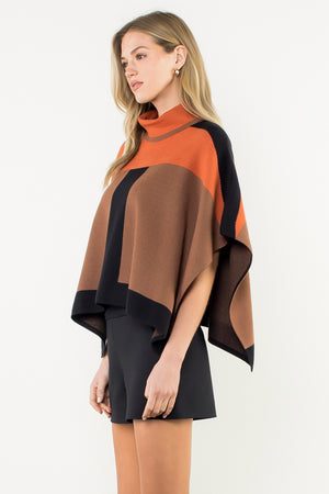 Colorblock Poncho - Brown