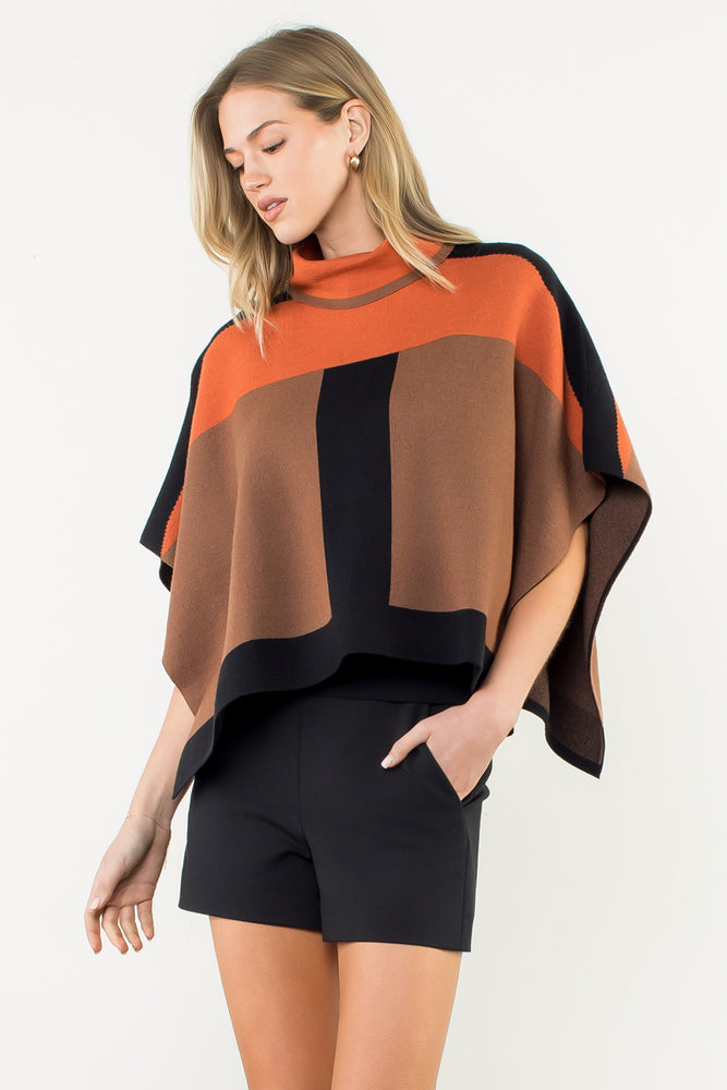 Colorblock Poncho - Brown
