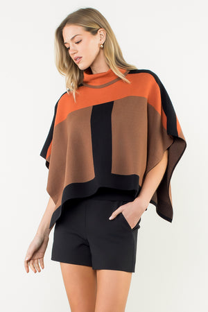 Colorblock Poncho - Brown