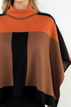 Colorblock Poncho - Brown
