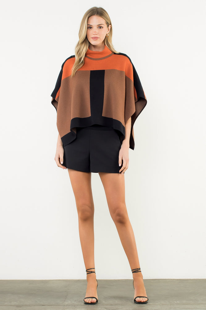 Colorblock Poncho - Brown