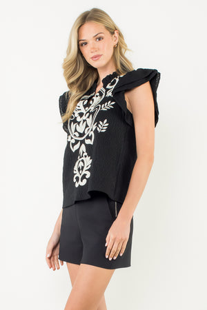 Flutter Sleeve Embroidered Textured Top - Black