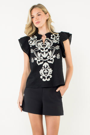 Flutter Sleeve Embroidered Textured Top - Black