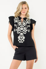 Flutter Sleeve Embroidered Textured Top - Black