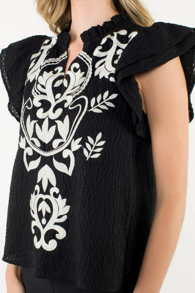 Flutter Sleeve Embroidered Textured Top - Black