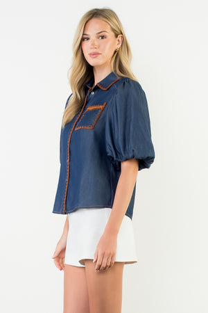 Puff Sleeve Denim Button Up Top