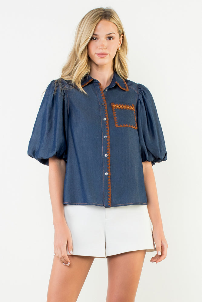 Puff Sleeve Denim Button Up Top