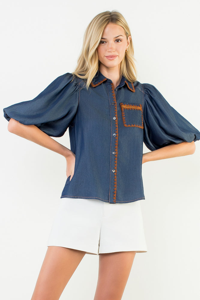 Puff Sleeve Denim Button Up Top