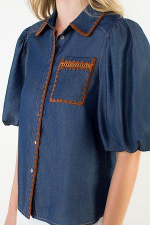 Puff Sleeve Denim Button Up Top