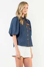 Puff Sleeve Denim Button Up Top