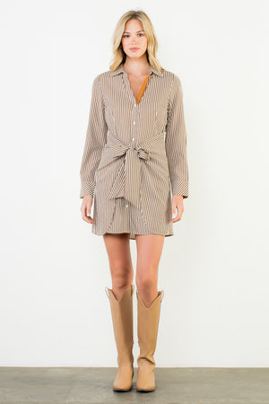Long Sleeve Striped Dress - Brown