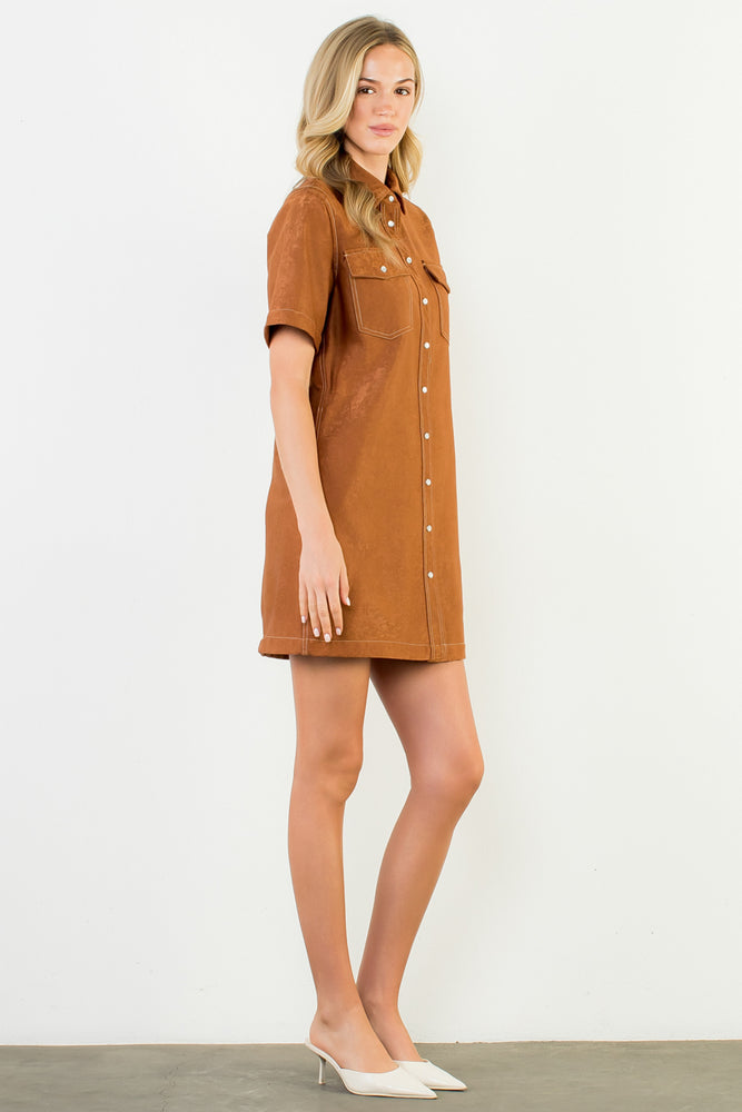 Short Sleeve Suede Dress - Brown