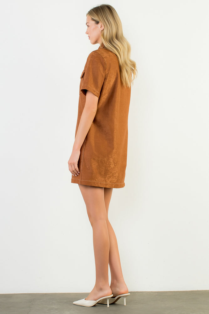 Short Sleeve Suede Dress - Brown