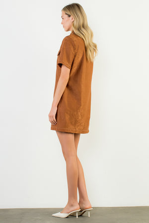 Short Sleeve Suede Dress - Brown