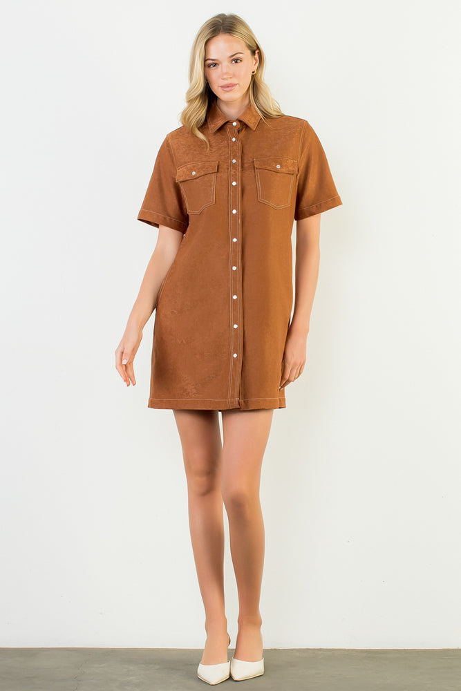 Short Sleeve Suede Dress - Brown
