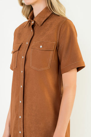 Short Sleeve Suede Dress - Brown