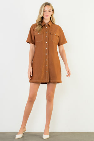 Short Sleeve Suede Dress - Brown