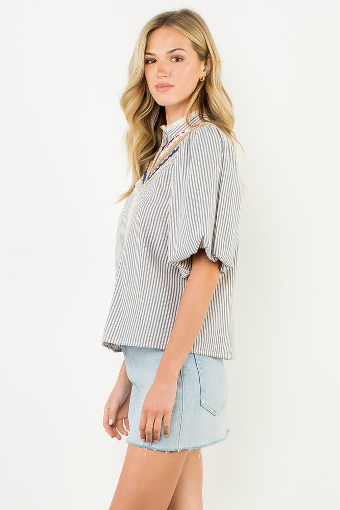 Puff Sleeve Striped Button Up Top - Gray