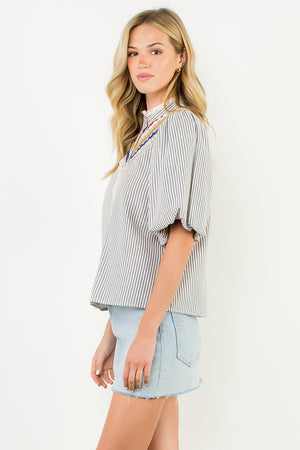 Puff Sleeve Striped Button Up Top - Gray