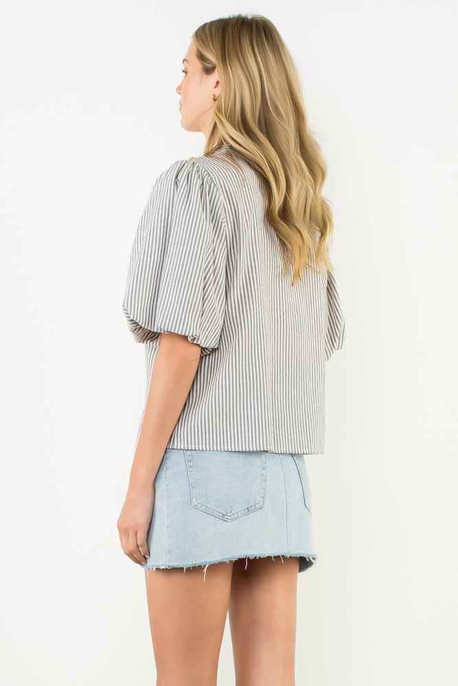 Puff Sleeve Striped Button Up Top - Gray