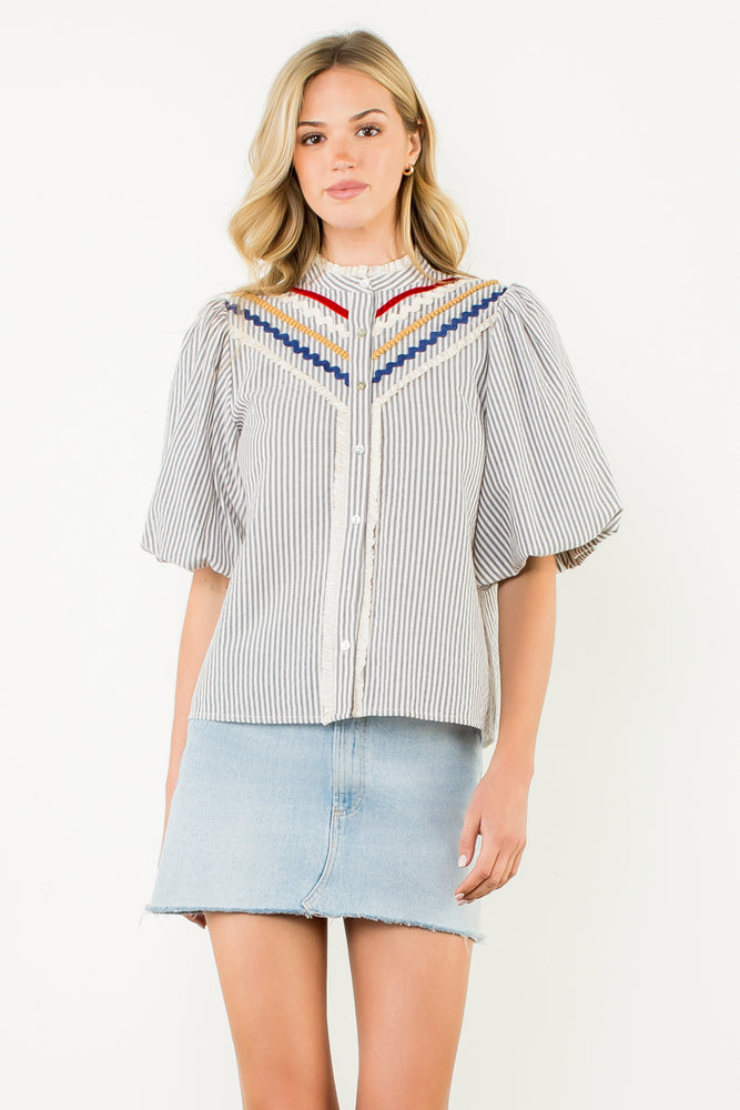 Puff Sleeve Striped Button Up Top - Gray