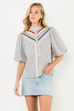 Puff Sleeve Striped Button Up Top - Gray