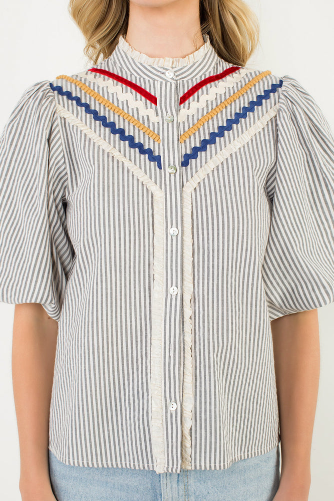 Puff Sleeve Striped Button Up Top - Gray