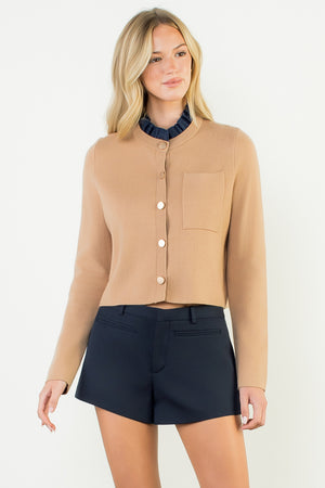 Ruffle Trim Neckline Button Up Cardigan