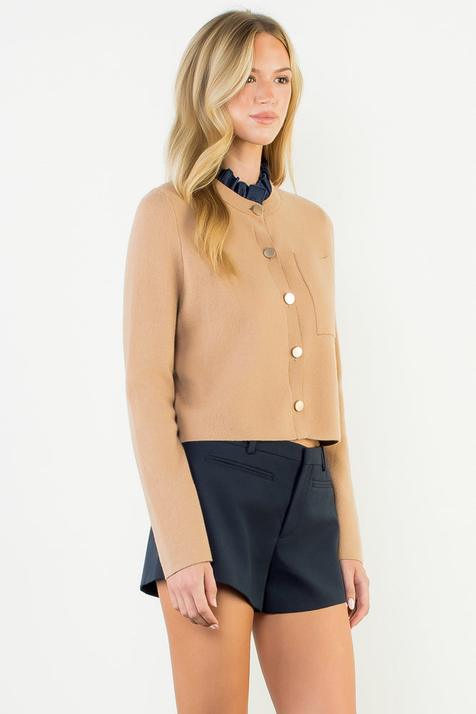 Ruffle Trim Neckline Button Up Cardigan