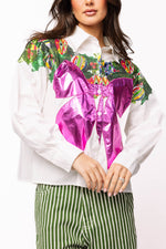 White Multi Metallic Wreath Cotton Button Up Top
