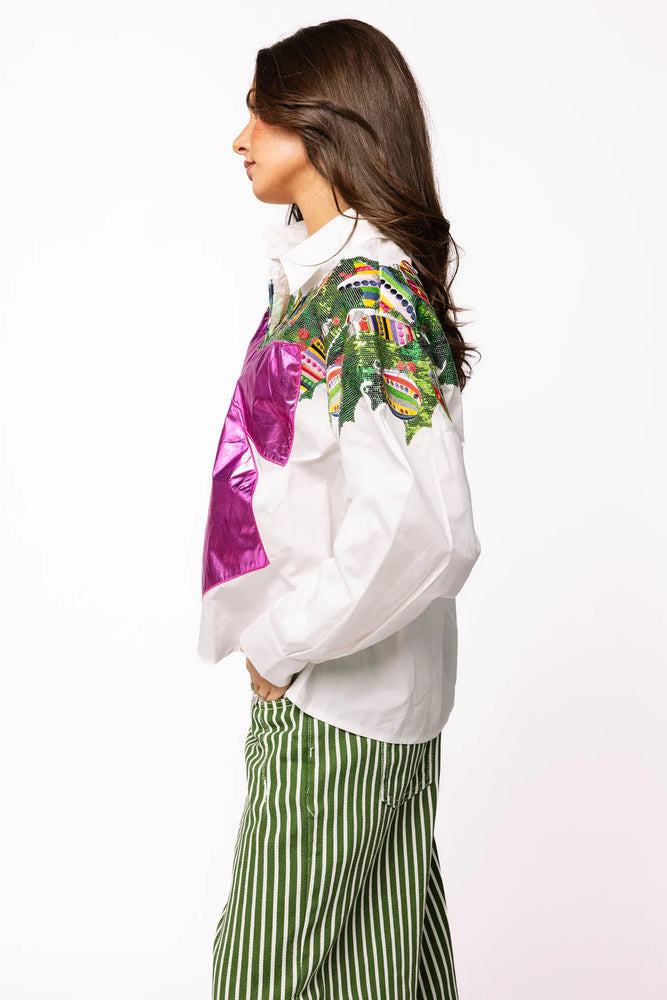 White Multi Metallic Wreath Cotton Button Up Top