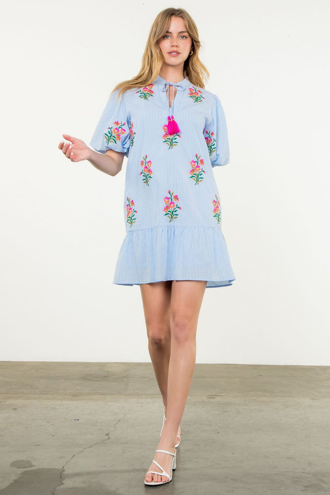 Puff Sleeve Embroidered Stripe Dress - Light Blue