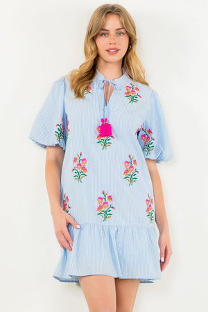 Puff Sleeve Embroidered Stripe Dress - Light Blue