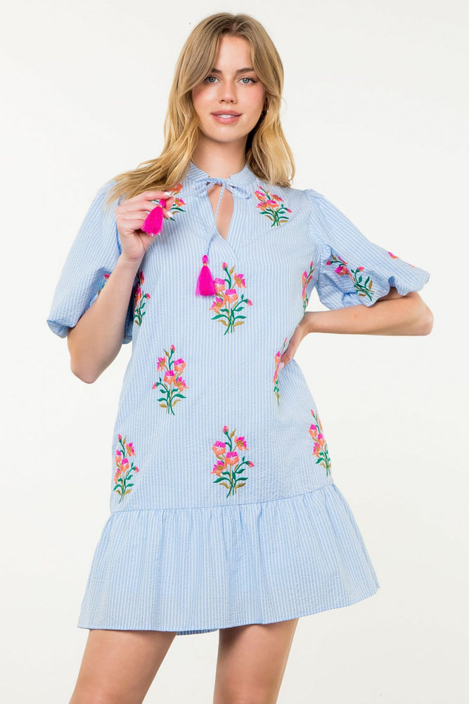 Puff Sleeve Embroidered Stripe Dress - Light Blue