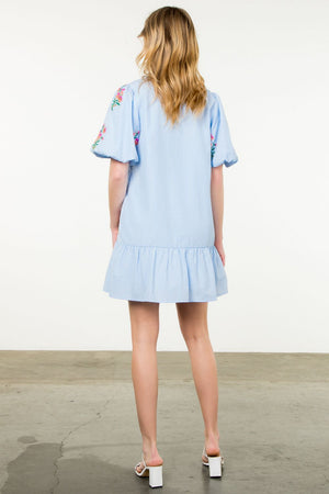 Puff Sleeve Embroidered Stripe Dress - Light Blue